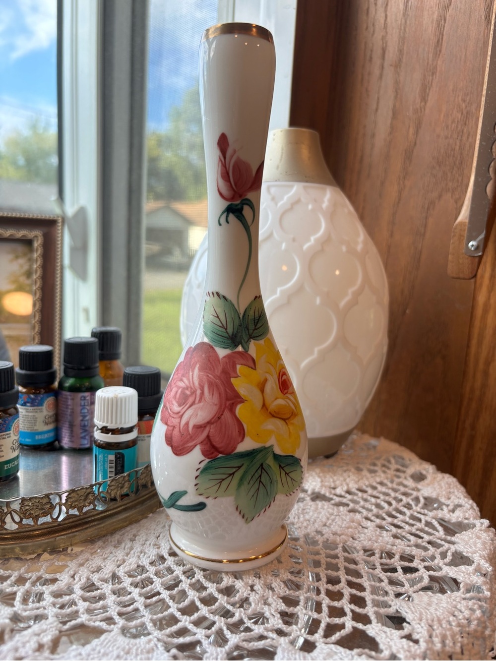 Porcelain Bud Vase with Pink & Yellow Floral Motif